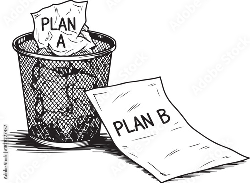 Plan B Concept with Crumpled Plan A in Trash Can.