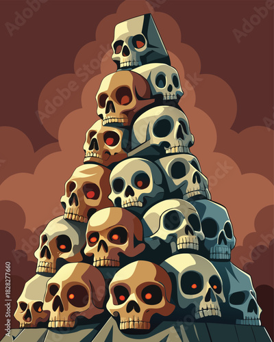 Spooky skull pile with ominous clouds, perfect for Halloween designs, fantasy art, and edgy marketing campaigns that need a touch of the macabre