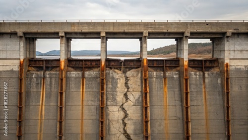 Cracked dam wall with water flow, showcasing industrial decay and structural issues.