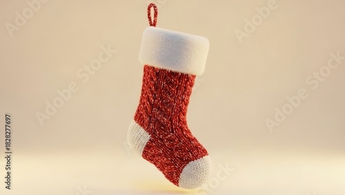 Red and white knitted Christmas stocking on off-white background.