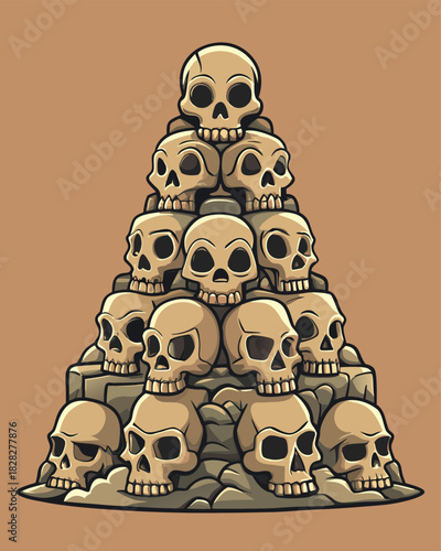 Spooky skull pyramid illustration perfect for Halloween designs, edgy apparel graphics, or macabre themed projects with its unique and striking visual appeal