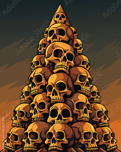 Pyramids of golden skull pyramids illustration perfect for Halloween designs, edgy apparel graphics, or macabre themed projects with its unique and striking visual appeal