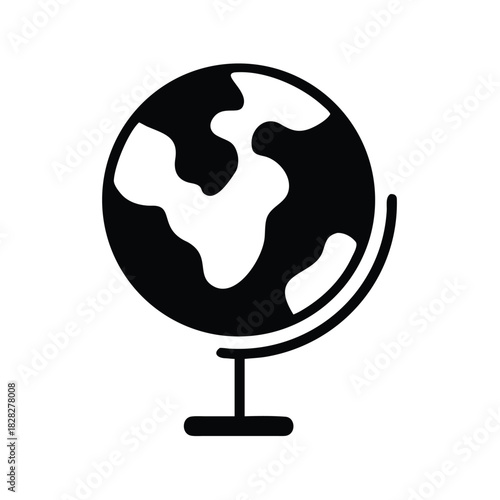 A black and white illustration of a globe on a stand represents the Earth.