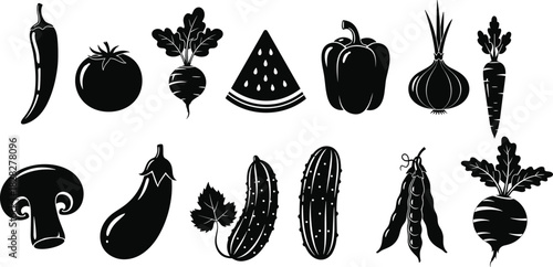 Vegetable and fruit silhouette set with assorted fresh produce icons, healthy food symbols for cooking, organic market design, and nutrition illustrations