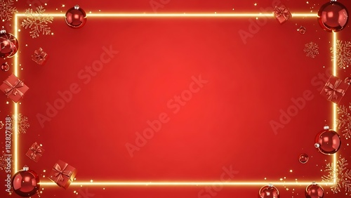 Festive red background with neon frame and christmas ornaments