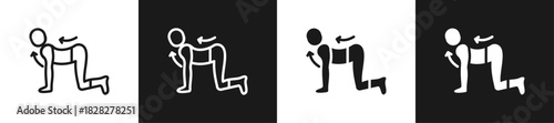 Cat Cow Pose Line And Solid Version Icon Set With Black And White Background