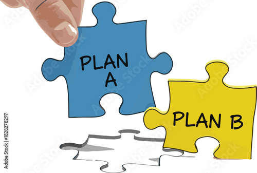 Hand placing a blue puzzle piece labeled PLAN A next to a yellow puzzle piece labeled PLAN B symbolizing strategic decisionmaking and alternative solutions.