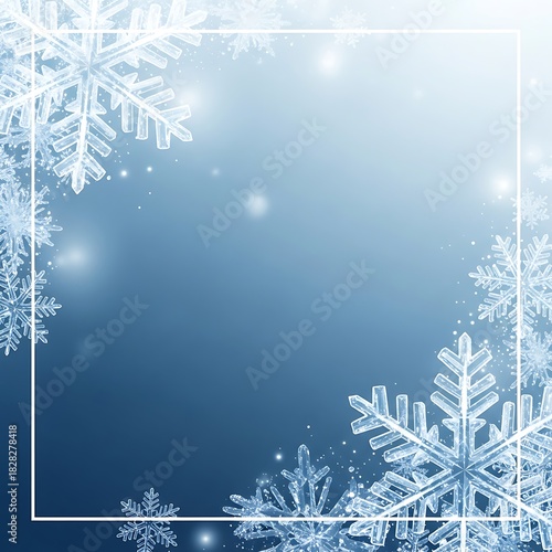 Beautiful snowflake border on a blue winter background with soft bokeh lights