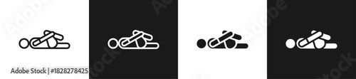 Knee-To-Chest Stretch Line And Solid Version Icon Set With Black And White Background