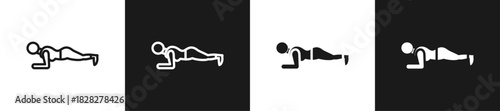 Plank Stretch Line And Solid Version Icon Set With Black And White Background