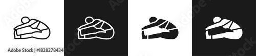 Lower Back Stretch Line And Solid Version Icon Set With Black And White Background
