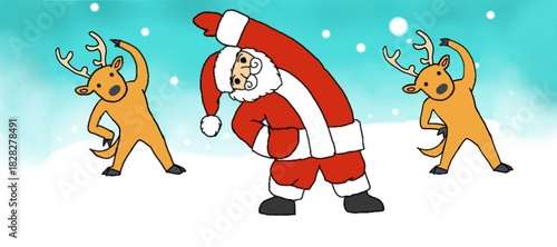 サンタクロースとトナカイが雪の中で一緒に体操するかわいいクリスマスベクターイラスト｜サンタクロース,トナカイ,体操,冬,雪