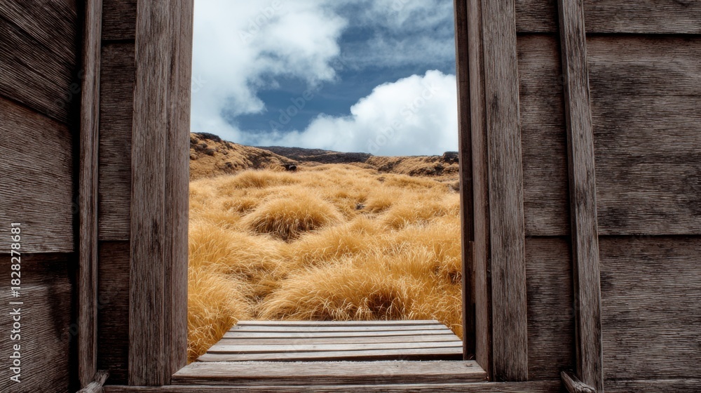 Obraz premium Open door reveals golden grass landscape under blue sky and clouds in natural setting