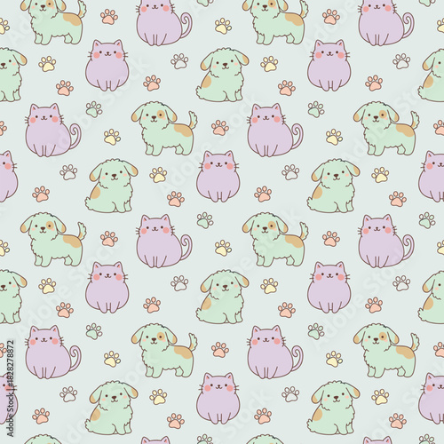 Cute dog and cat seamless pattern. Cartoon pets. Colorful pastel illustration. White background. Pet design. Animal texture.