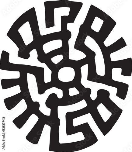 Black abstract circular maze pattern on white background