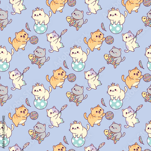 Seamless pattern of cute cats. Cartoon cat illustrations. Colorful feline texture. Pastel background. Vector design. Whimsical animal print. Pet