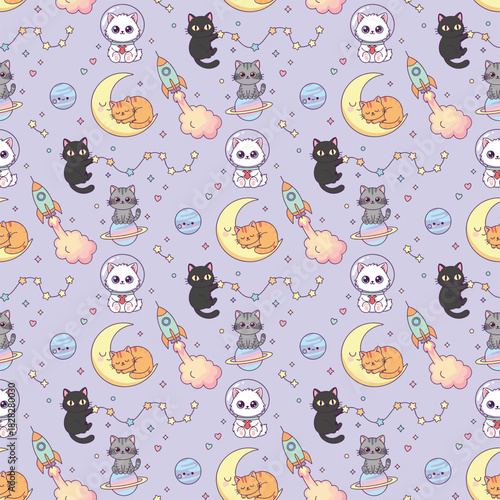 Seamless pattern of cartoon cats and skulls. Whimsical design with crescent moons, stars, and clouds on purple background. Vector illustration for