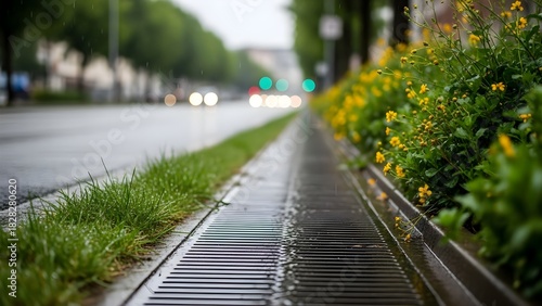 Rainwater flowing into a storm drain on a city street with lush green grass and yellow flowers.