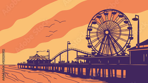 Los angeles skyline captures santa monica piers ferris wheel with birds flying overhead. Perfect for travel blogs, city guides, and website banners.