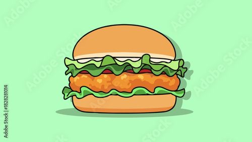 Delicious Crispy Chicken Burger with Lettuce and Sauce Flat design illustration on pastel background Fast food art