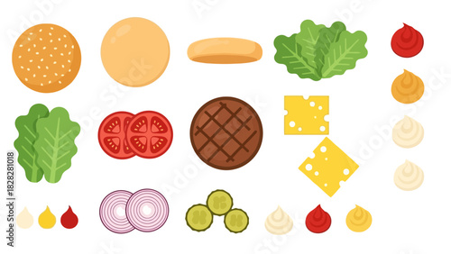 Delicious Burger Ingredients Collection Flat Lay Vector Illustration