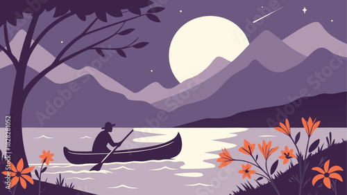 Person canoeing on lake under moonlight scenery