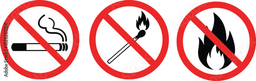 Fire safety prohibition signs, no smoking, no flames, no matches, red circle icons, warning symbols, vector artwork, white background