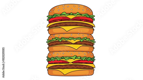 Indulgent Stacked Burger Meal with Multiple Patties Cheese Lettuce and Tomatoes