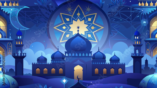 Illustration of a mosque at night with crescent