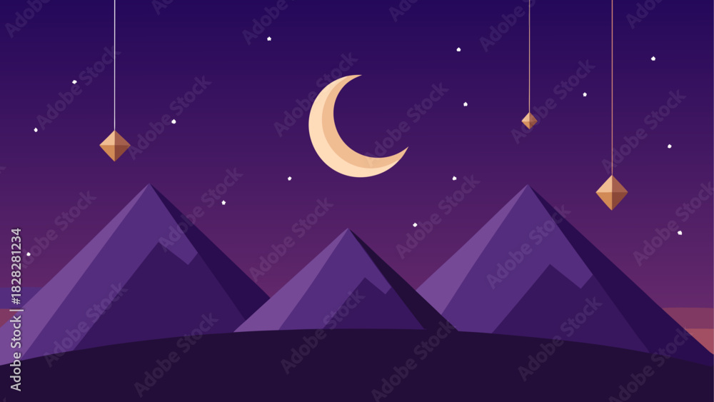 Obraz premium Night scene with moon mountains and decorations