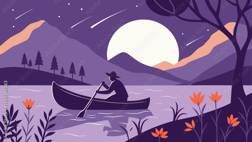 Naklejka premium Person rowing boat on lake under moonlit starry sky