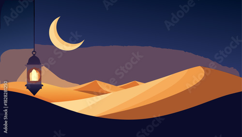Ramadan lantern hanging over desert dunes at night