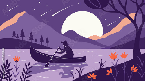 Person rowing boat on lake under moonlit starry sky