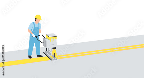 Road worker expertly painting bright yellow street lines with modern machine for safety and efficient traffic flow on the highway, ensuring a clear path