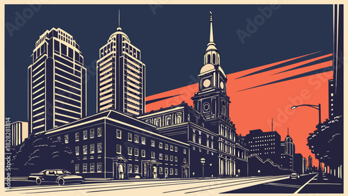 Detailed philadelphia skyline vector cityscape with tall buildings and church tower, suitable for citythemed designs, travel brochures, and architectural illustrations.