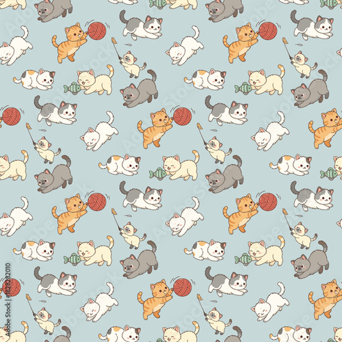 Seamless pattern of cartoon cats playing with balls. Various cat breeds. Colorful illustration on blue background. Cute animals. Vector texture.