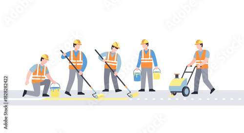 Road workers applying fresh yellow paint to highway lane lines, ensuring safety and smooth traffic flow in a clean, modern design for infrastructure projects
