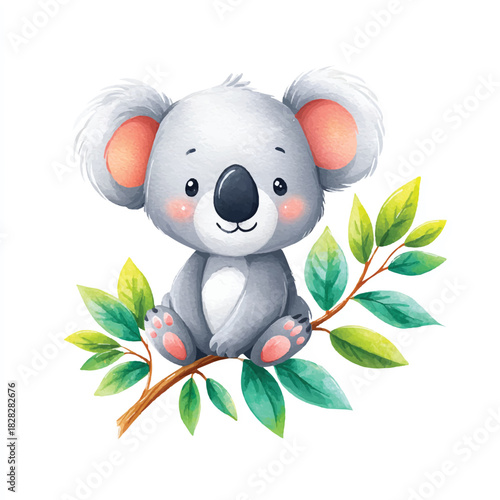 Cute Watercolor Koala Bear Sitting on Eucalyptus Branch Illustration