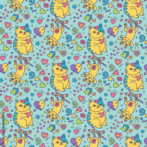 Seamless pattern with cartoon cats. Colorful hearts and flowers. Whimsical design on blue background. Vector illustration. Cute animal texture. Kids