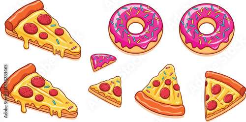 Cartoon fast food vector set featuring pepperoni pizza slices with melting cheese and pink glazed donuts with colorful sprinkles.