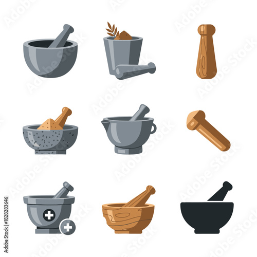 Kitchen Mortars and Pestles, Spice Grinding Tools, and Culinary Equipment Icons