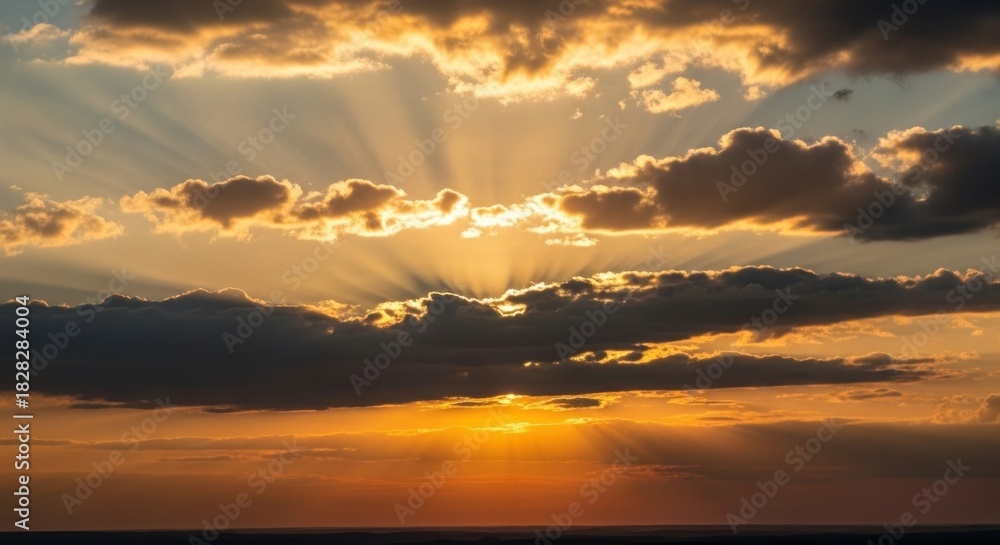 Obraz premium Dramatic sunset with sun rays piercing through clouds creating a beautiful landscape