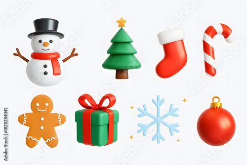 A festive collection of adorable 3d christmas icons including a snowman tree stocking and gingerbread man