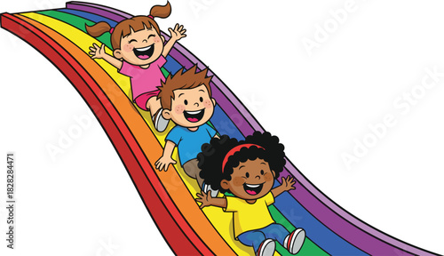 Three happy diverse kids having fun sliding down a colorful rainbow slide isolated on white background vector illustration.