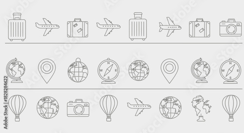 Line art illustration featuring travel icons evoking a sense of adventure and wanderlust