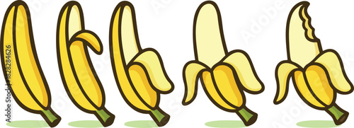 Set of yellow cartoon bananas showing peeling and eating progress, vector illustration
