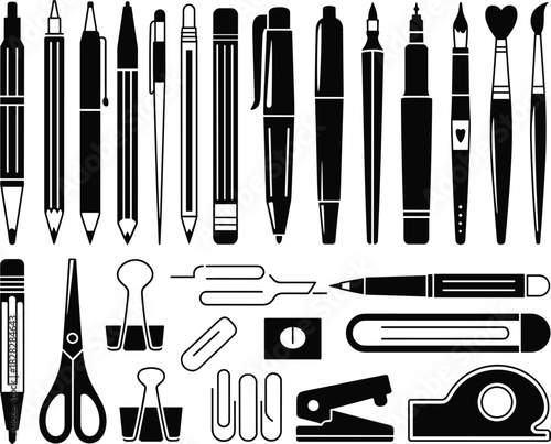 Collection of black stationery and writing instruments on white background pencil marker