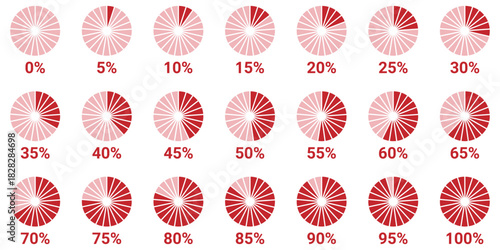 Pie chart full set. pie charts displaying progress from 0% to 100%, perfect for data visualization, infographics, and loading indicators.