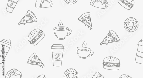 Monochrome food and drinks pattern featuring coffee, pizza, burgers and donuts vector design