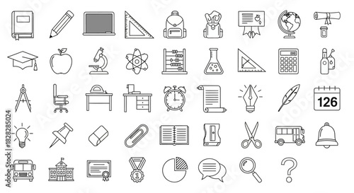 Set of educational line icons featuring school supplies and learning materials perfectly